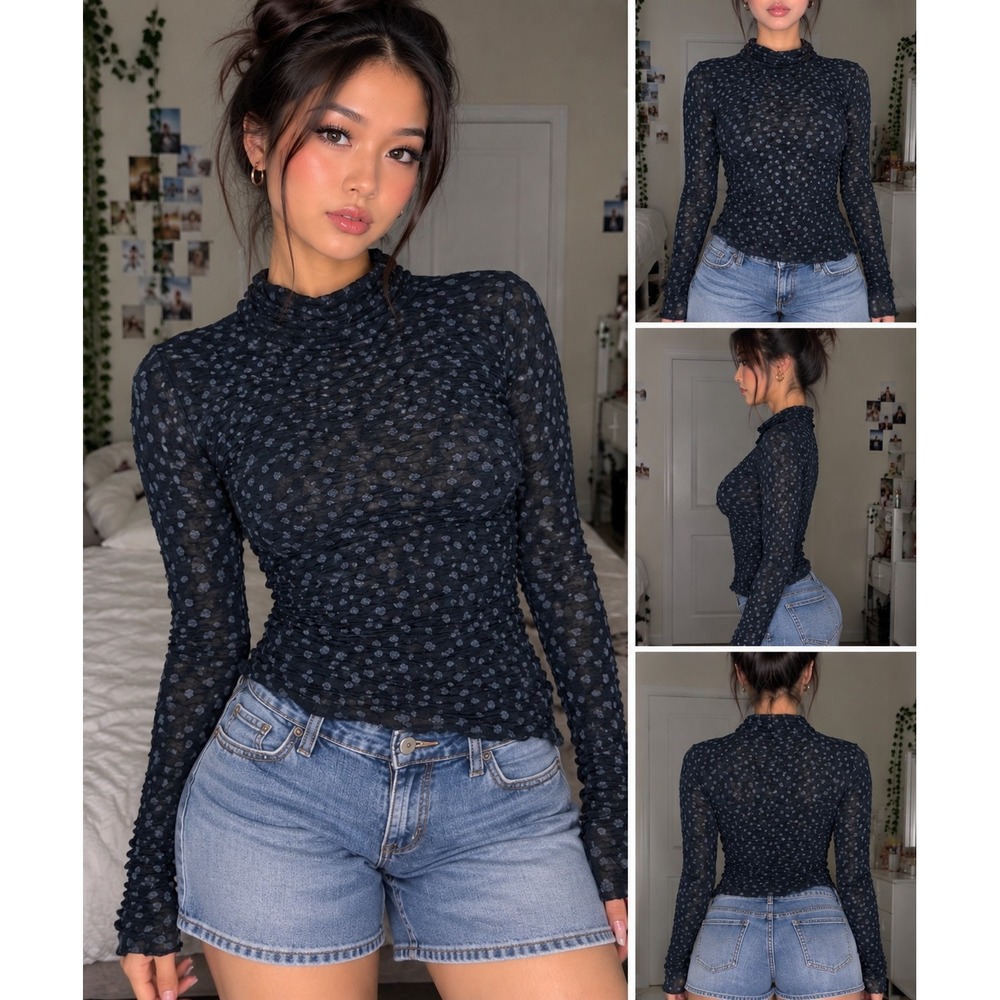 Lisa Bayne Popcorn Texture Cowl Neck Top Charcoal Grey Polka Dot XS Long Sleeve